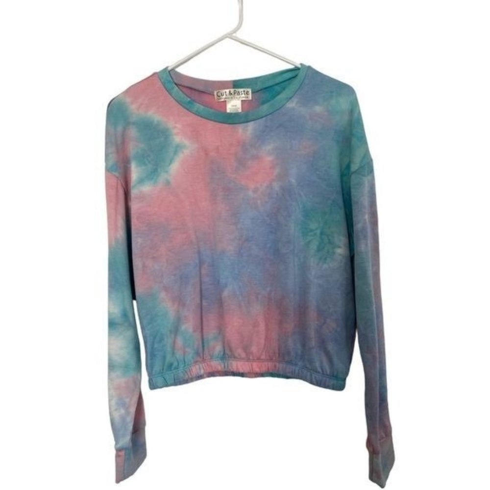 Cut & Paste Light Weight Cropped Sweatshirt Size Large Pink Aqua Colors